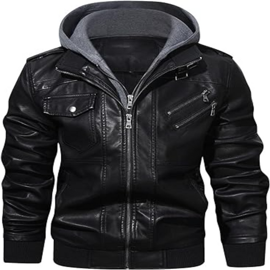 HOOD CREW Men’s Casual Stand Collar Pure Leather Zip-Up Motorcycle Bomber Jacket With a Removable Hood