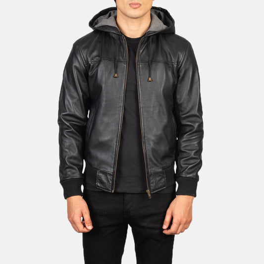 Stylish Black Leather Bomber Jacket with Hood