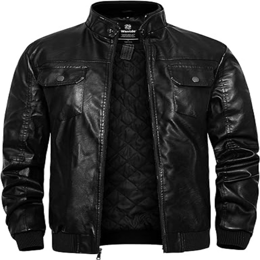 wantdo Men's Faux Leather Jacket Windproof Motorcycle Bomber Jacket Slim Fit Winter Coat with Removable Hood
