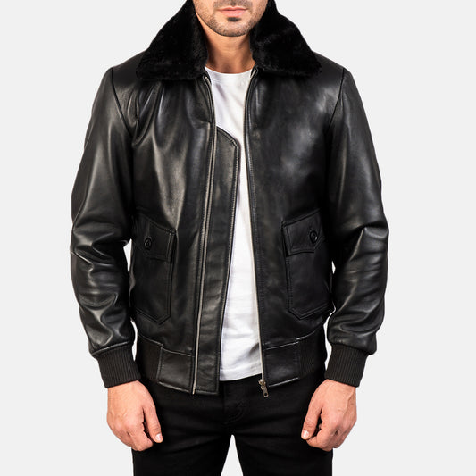 Classic Black Leather Bomber Jacket - Men's Premium Style